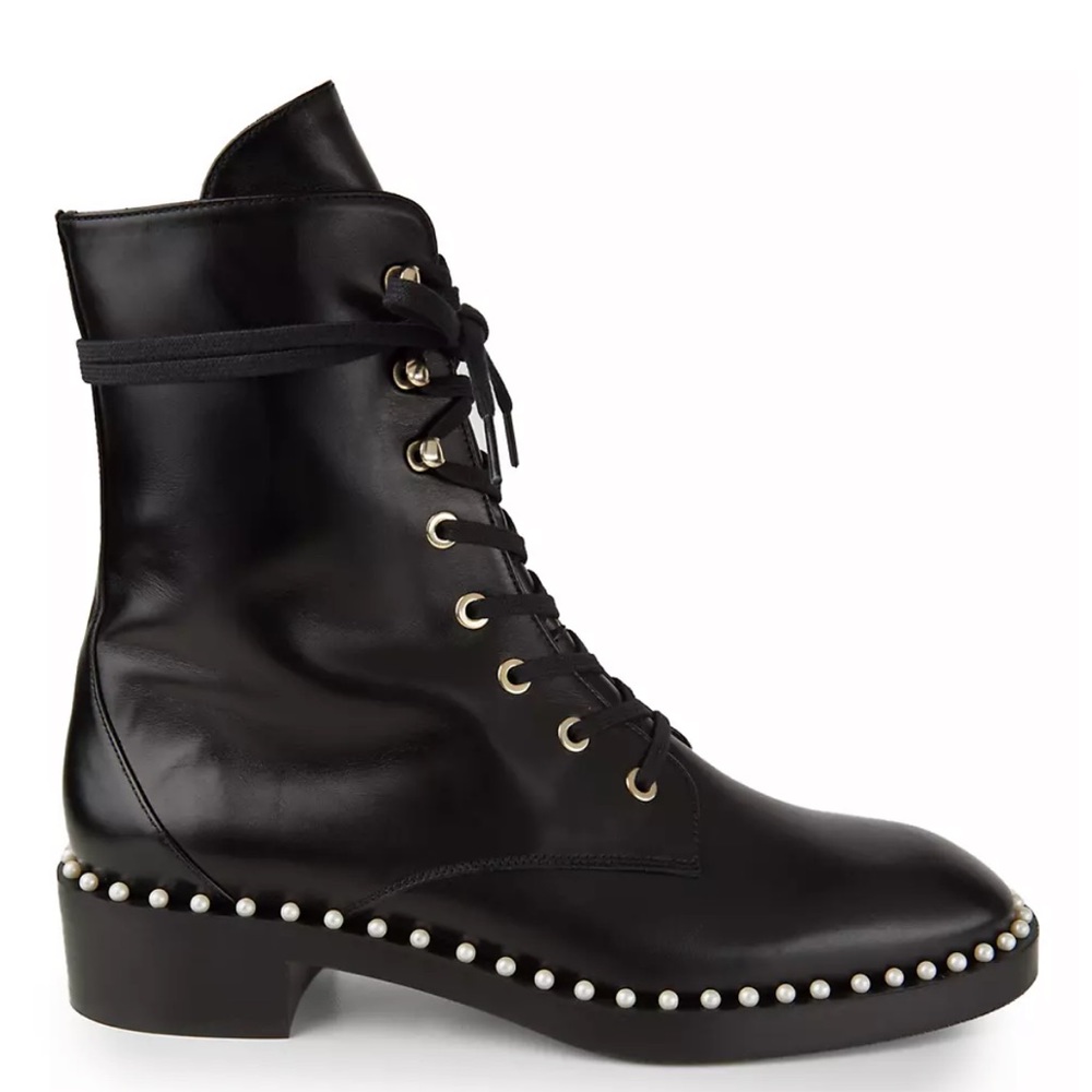 Stuart Weitzman Sondra Faux Pearl-Embellished Leather Combat Boots